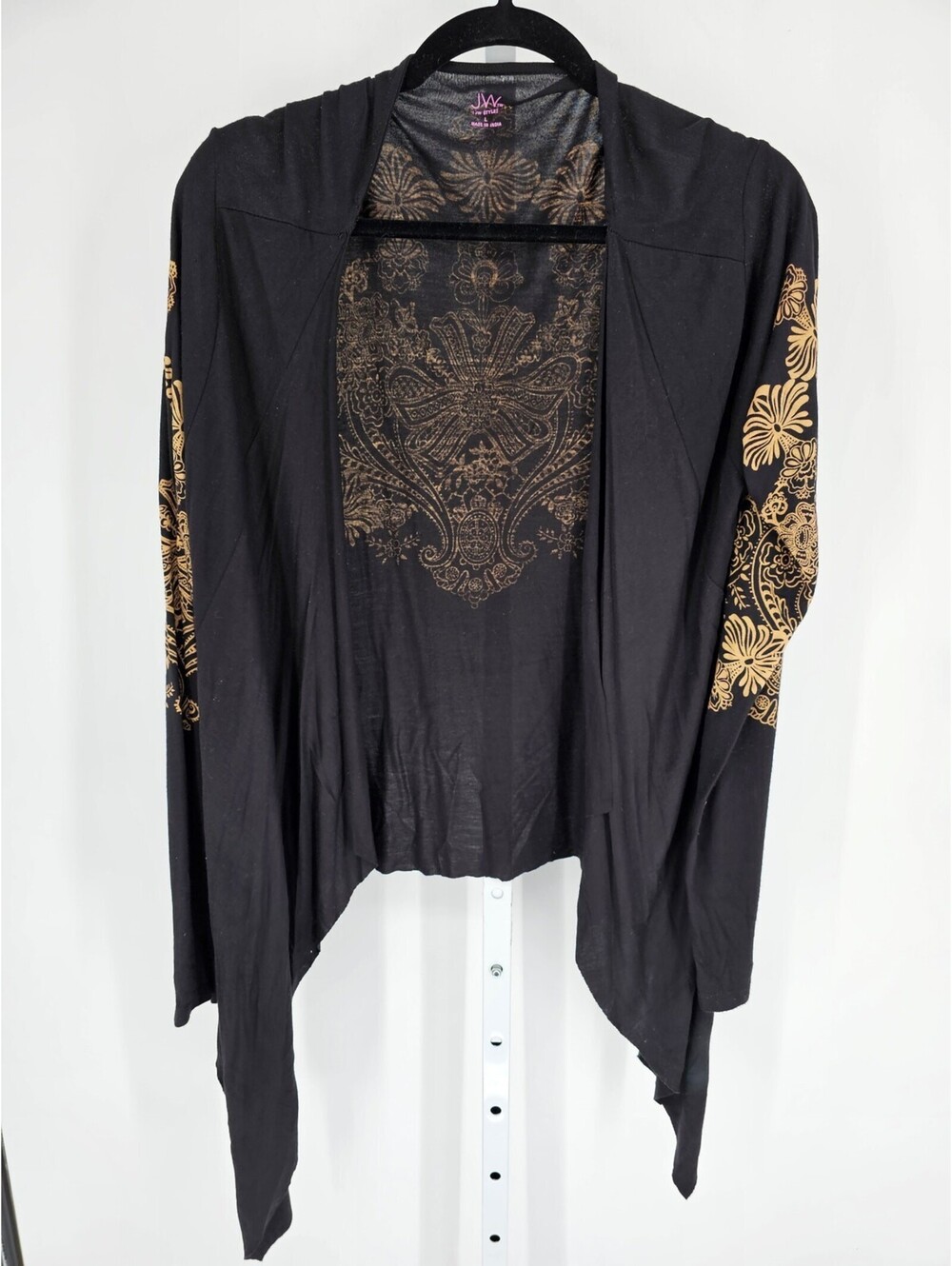 JW Style Womens Sz L Open Front Cardigan Sweater Black w/ Gold Floral Print